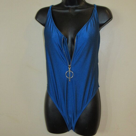 NWT Retro Shiny Blue O Ring Zip Front Cheeky High Leg Hi Cut Swim Suit L 11/13 - Picture 1 of 4
